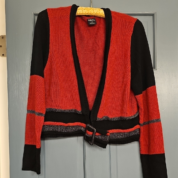 VINTAGE Tribal Cardigan Buckle Closure Black Red Cable Knit Large - Picture 1 of 9
